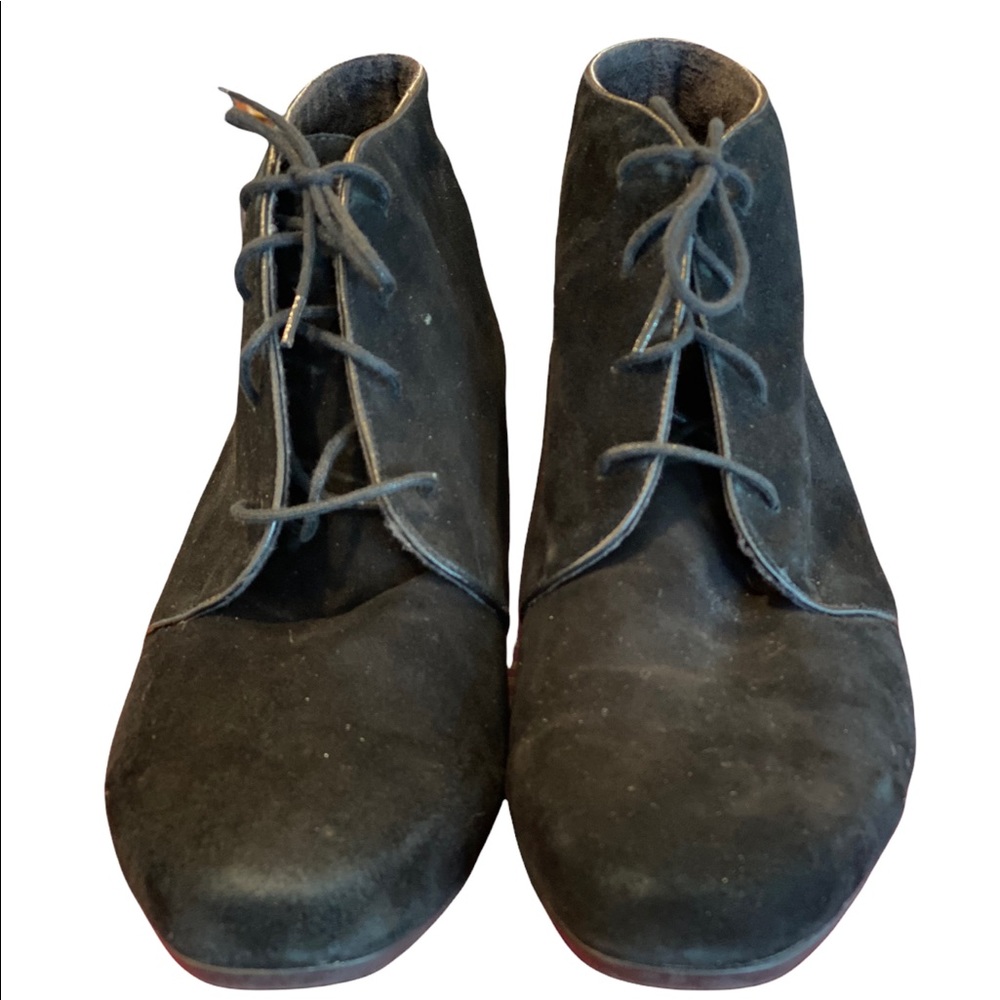 Munro “Kara” Black, suede-style, lace-up bootie. Wedge 1.5 inch heal. Size 12.